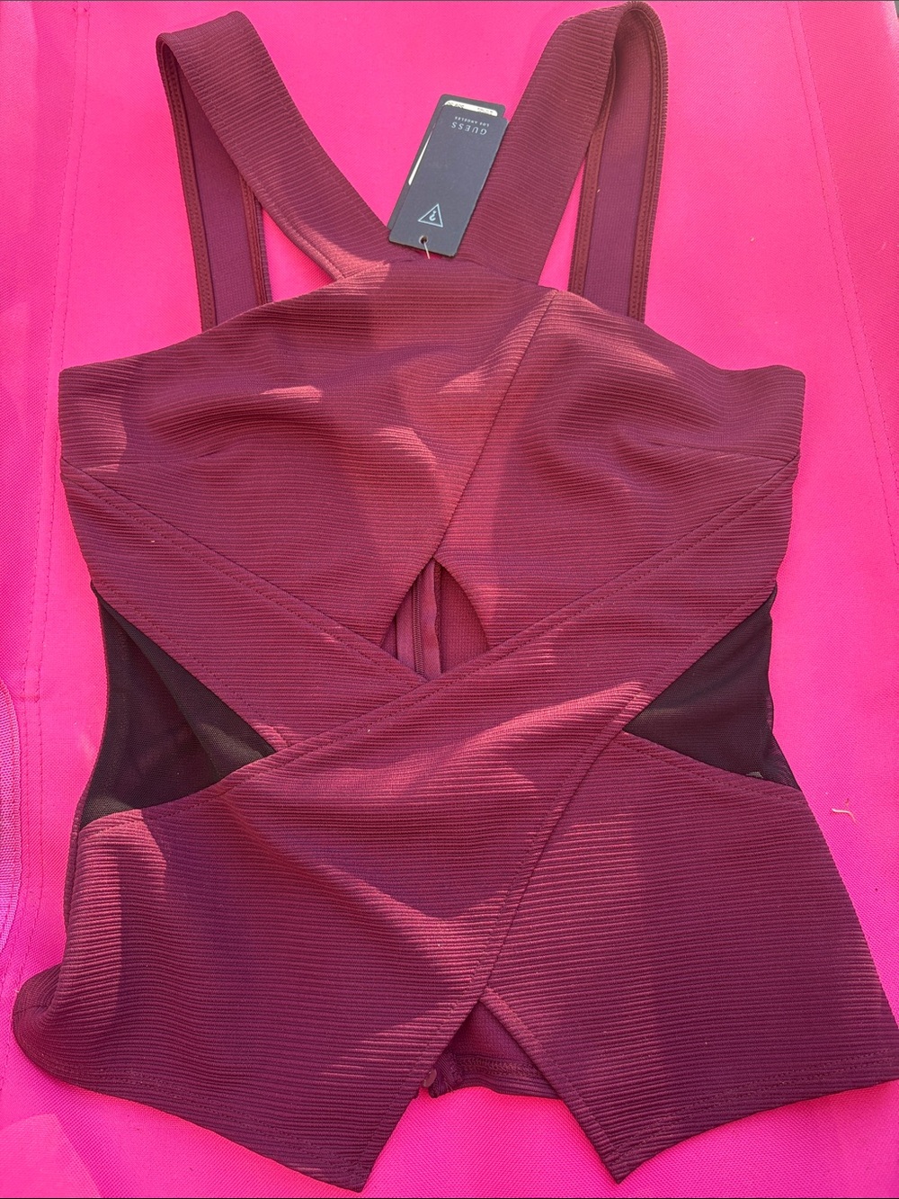 Asymmetrical Burgundy Cross-Front top with Mesh Insets